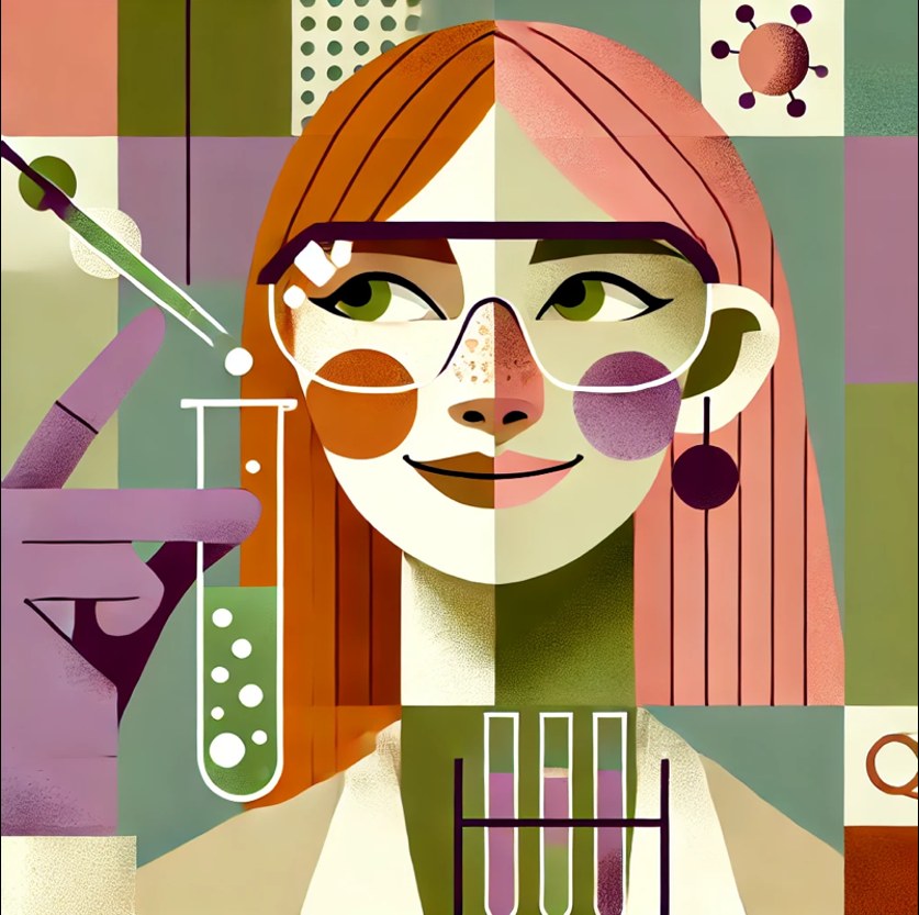Illustriertes Porträt einer Wissenschaftlerin mit Schutzbrille und Reagenzglas